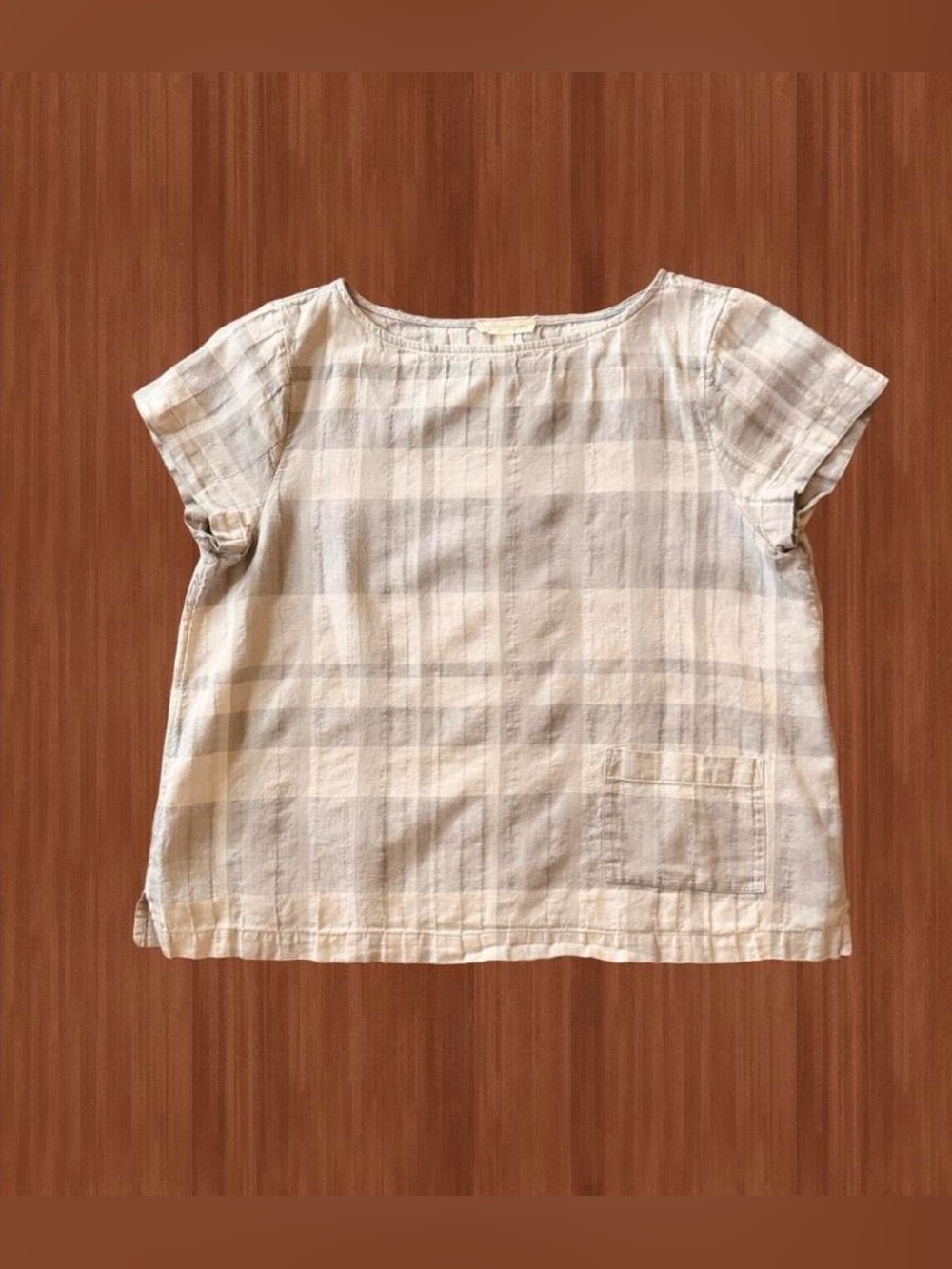 Eileen Fisher Cream and Light Gray Check Short Sleeve Top